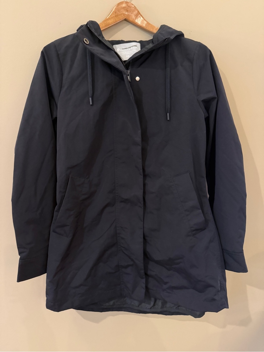 Athleta Forecast Rain Shell Jacket Black XS Waterproof Hooded Mid-Length 486218